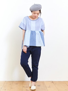 「サックスブルー」｜「アイテム（ハンチング/ベレー帽）」を使った、KRIFF MAYERさん（レディース・163cm）の夏コーディネート