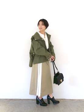 「ノーカラーシャツ」｜「アイテム（ミリタリージャケット）」を使った、okada sakiさん（レディース・150cm）の冬コーディネート