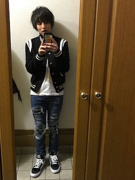 「SAINT LAURENT PARIS（サンローランパリ）のアイテム（スタジャン）」を使った、CHAPPY_HAPPYさん（メンズ・168cm）の冬コーディネート