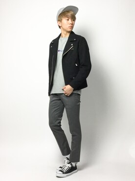 「グレーコーデ」｜「アイテム（ライダースジャケット）」を使った、Ryoさん（メンズ・173cm）の春コーディネート