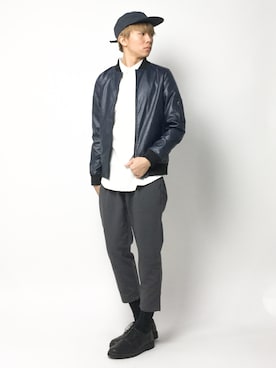 「アンクルパンツ」｜「アイテム（ライダースジャケット）」を使った、Ryoさん（メンズ・173cm）の春コーディネート