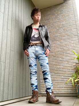 「no brand（ノーブランド）のアイテム（ライダースジャケット）」を使った、SHINSUKEさん（メンズ・179cm）の秋コーディネート