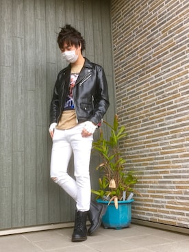 「しまむら（シマムラ）のアイテム（ライダースジャケット）」を使った、SHINSUKEさん（メンズ・179cm）の冬コーディネート