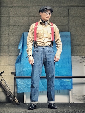 「アイテム（サスペンダー）」を使った、Leeさん（メンズ・174cm）の春コーディネート