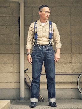 「アイテム（サスペンダー）」を使った、Leeさん（メンズ・174cm）の夏コーディネート