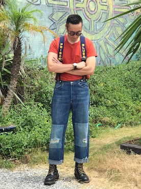 「アイテム（サスペンダー）」を使った、Leeさん（メンズ・174cm）の夏コーディネート