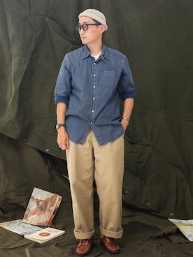 「アイテム（チノパンツ、グリーン系）」を使った、Leeさん（メンズ・174cm）の夏コーディネート