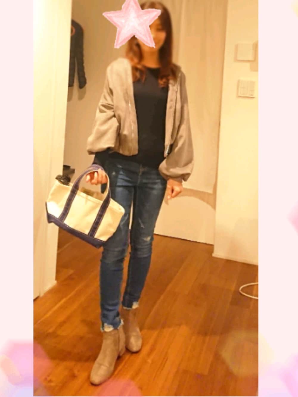 「ZARA、オトナカジュアル、ショートブーツ、大人コーデ、クラッシュデニム、ラフ、くすみピンク」｜「ZARAのアイテム（ブルゾン、グレー系）」を使った、ekoeko1さん（レディース・154cm）の冬コーディネートの1枚目の写真