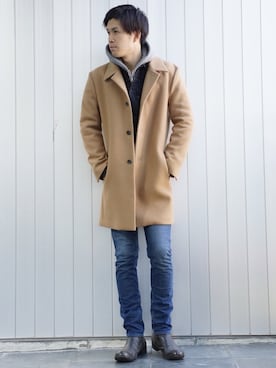 「KURO(クロ)のアイテム(ステンカラーコート)」を使った、KUROさん(メンズ・183cm)の冬コーディネート