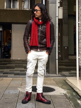 「アイテム（ライダースジャケット）」を使った、HARAさん（メンズ・172cm・30代）の冬コーディネート