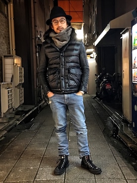 「アイテム（ライダースジャケット）」を使った、HARAさん（メンズ・172cm）の冬コーディネート