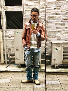 「no brand（ノーブランド）のアイテム（ライダースジャケット）」を使った、HARAさん（メンズ・172cm）の冬コーディネート