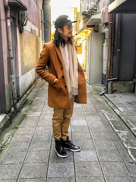 「アイテム（チェスターコート）」を使った、HARAさん（メンズ・172cm・30代）の冬コーディネート