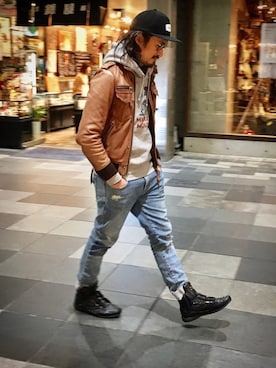 「no brand（ノーブランド）のアイテム（ライダースジャケット）」を使った、HARAさん（メンズ・172cm）の春コーディネート
