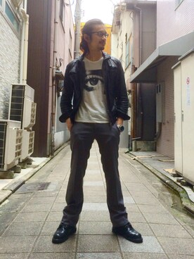 「Lui's（ルイス）のアイテム（ライダースジャケット）」を使った、HARAさん（メンズ・172cm）の春コーディネート
