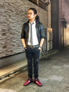 「Lui's（ルイス）のアイテム（ライダースジャケット）」を使った、HARAさん（メンズ・172cm）の春コーディネート