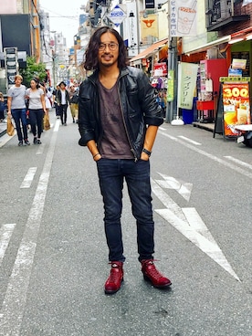 「Lui's（ルイス）のアイテム（ライダースジャケット）」を使った、HARAさん（メンズ・172cm）の秋コーディネート