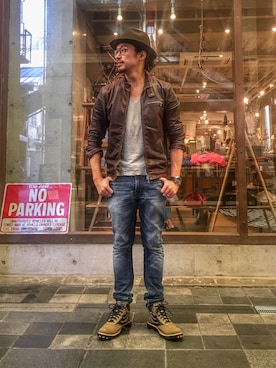 「アイテム（ライダースジャケット）」を使った、HARAさん（メンズ・172cm）の秋コーディネート