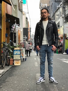 「L.H.P（エルエイチピー）のアイテム（ライダースジャケット）」を使った、HARAさん（メンズ・172cm）の冬コーディネート
