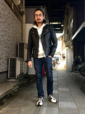 「L.H.P（エルエイチピー）のアイテム（ライダースジャケット）」を使った、HARAさん（メンズ・172cm）の冬コーディネート
