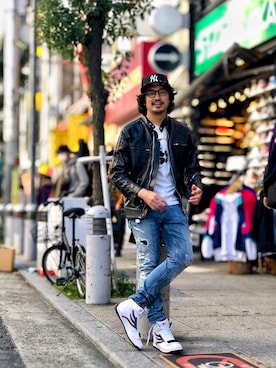 「no brand（ノーブランド）のアイテム（ライダースジャケット）」を使った、HARAさん（メンズ・172cm）の秋コーディネート