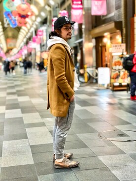 「スエット」｜「アイテム（チェスターコート）」を使った、HARAさん（メンズ・172cm）の冬コーディネート