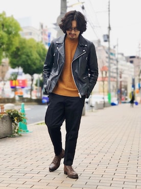 「L.H.P（エルエイチピー）のアイテム（ライダースジャケット）」を使った、HARAさん（メンズ・172cm）の冬コーディネート