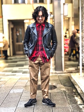 「L.H.P（エルエイチピー）のアイテム（ライダースジャケット）」を使った、HARAさん（メンズ・172cm）の冬コーディネート
