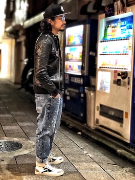 「no brand（ノーブランド）のアイテム（ライダースジャケット）」を使った、HARAさん（メンズ・172cm）の冬コーディネート