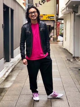 「no brand（ノーブランド）のアイテム（ライダースジャケット）」を使った、HARAさん（メンズ・172cm）の春コーディネート