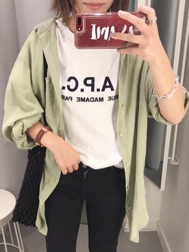 「A.P.C.（アーペーセー）のT-SHIRTS JIMMY RUE MADAME emb 19PC JPS（Tシャツ/カットソー）」を使った、asmさん（レディース・150cm）の夏コーディネート