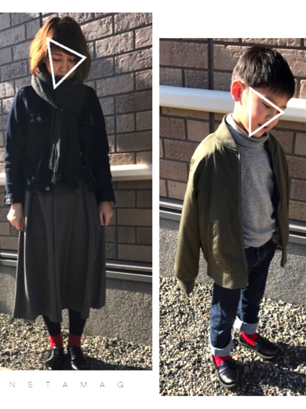 「KBF、niko and ...、GLOBAL WORK、赤ソックス、リンクコーデ、ローファー、美容院、ニット」｜「niko and...のソフトデニムGジャン【niko and...】（デニムジャケット、ブルー系）」を使った、t.S A Y A* さん（レディース・160cm）の冬コーディネートの1枚目の写真