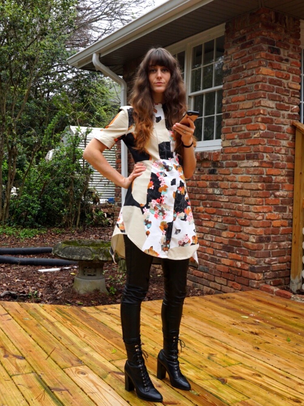 「rainy、dress、pants、leather、boots、floral、girl、pattern、女子会、花の」｜「Jason Wu for Targetのアイテム（ワンピース、その他）」を使った、Erinさん（レディース・173cm）の春コーディネートの1枚目の写真