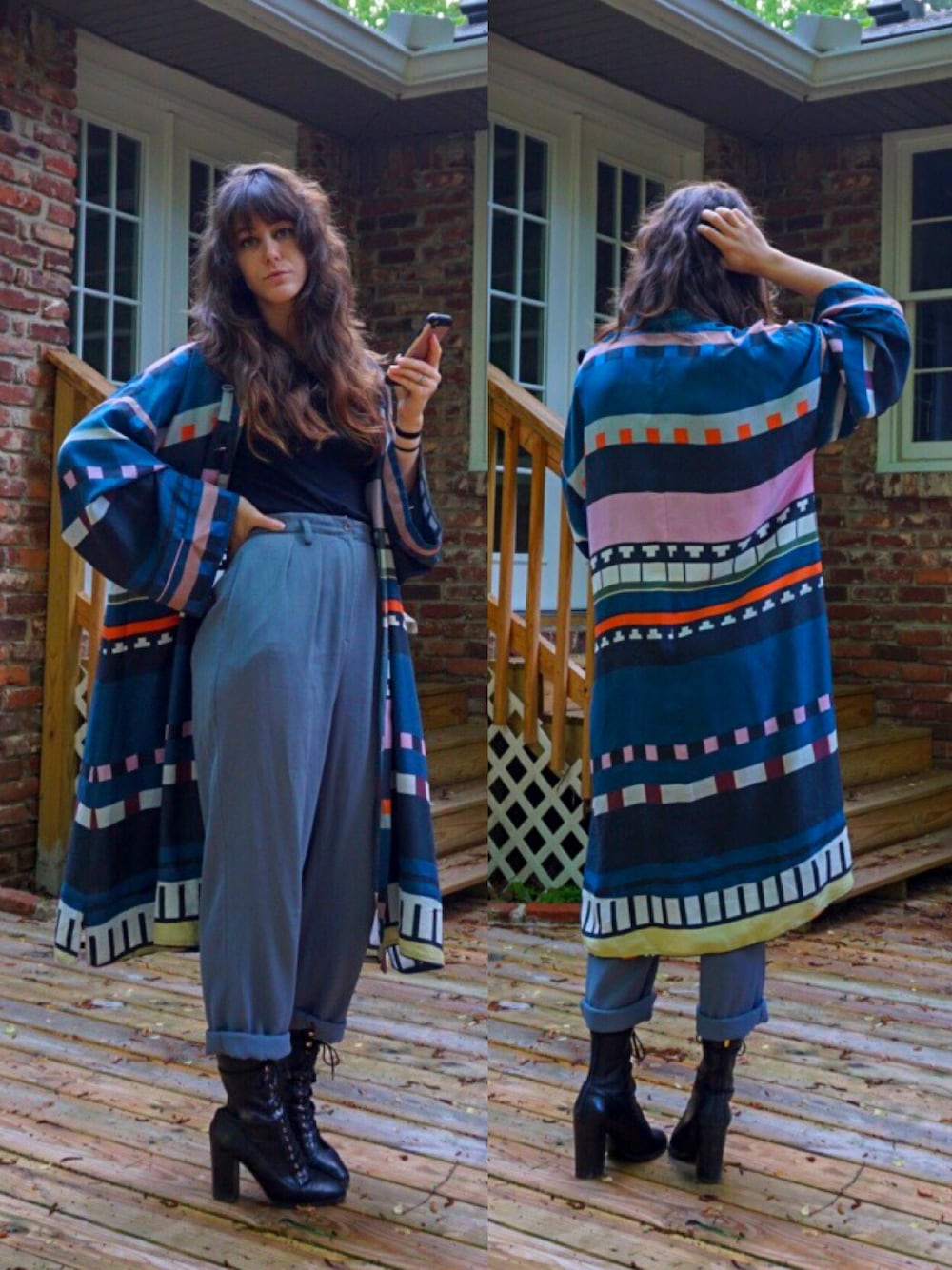 「kimono、girl、apiece apart、spring、pattern、STYLE、ootd、vintage、VINTAGE、boots」｜「APIECE APARTのアイテム（その他アウター、その他）」を使った、Erinさん（レディース・173cm）の春コーディネートの1枚目の写真