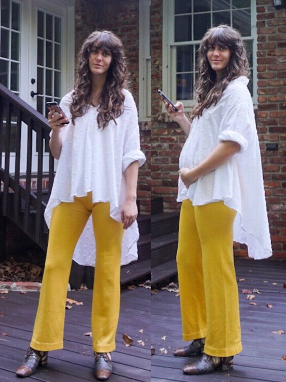 「yellow、vintage、VINTAGE、vintage style、ankle boots、boots、RACHEL COMEY、pregnancy、maternity」｜「Palmer Hardingのアイテム（トップス、ホワイト系）」を使った、Erinさん（レディース・173cm）の秋コーディネートの1枚目の写真