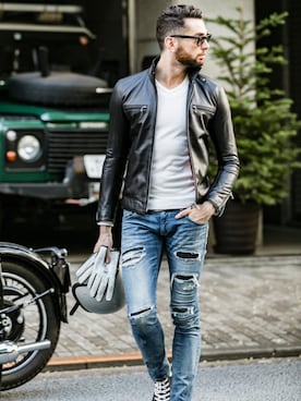 「Buffalo Bobs（バッファローボブズ）のアイテム（ライダースジャケット）」を使った、Goichi Numanoさん（メンズ・174cm）の春コーディネート
