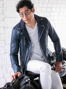 「Buffalo Bobs（バッファローボブズ）のアイテム（ライダースジャケット）」を使った、Goichi Numanoさん（メンズ・174cm）の夏コーディネート