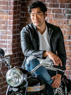 「Buffalo Bobs（バッファローボブズ）のアイテム（ライダースジャケット）」を使った、Goichi Numanoさん（メンズ・174cm）の夏コーディネート