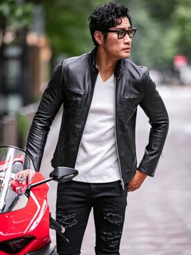 「Buffalo Bobs（バッファローボブズ）のアイテム（ライダースジャケット）」を使った、Goichi Numanoさん（メンズ・174cm）の秋コーディネート