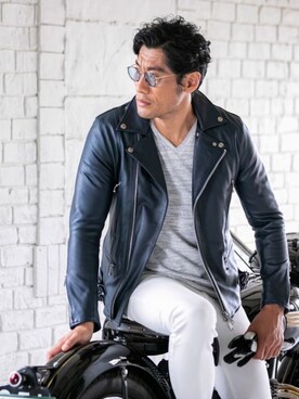 「Buffalo Bobs（バッファローボブズ）のアイテム（ライダースジャケット）」を使った、Goichi Numanoさん（メンズ・174cm）の秋コーディネート