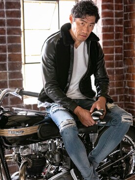 「Buffalo Bobs（バッファローボブズ）のアイテム（ライダースジャケット）」を使った、Goichi Numanoさん（メンズ・174cm）の秋コーディネート