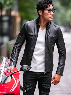 「Buffalo Bobs（バッファローボブズ）のアイテム（ライダースジャケット）」を使った、Goichi Numanoさん（メンズ・174cm）の秋コーディネート