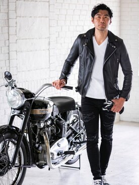 「Buffalo Bobs（バッファローボブズ）のアイテム（ライダースジャケット）」を使った、Goichi Numanoさん（メンズ・174cm）の秋コーディネート