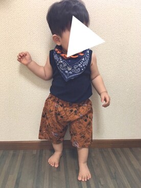 「アイテム（タンクトップ、ブルー系）」を使った、Rさん（キッズ・80cm）の夏コーディネート