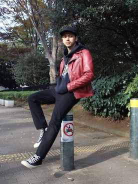 「schott（ショット）のアイテム（キャップ）」を使った、yamazakiさん（メンズ・170cm）の冬コーディネート