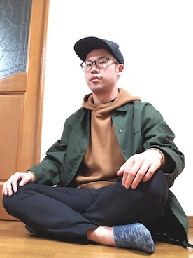 「FIT MIHARAYASUHIRO（フィットミハラヤスヒロ）の【FIT】Waffle Hooded Pull-over（パーカー、イエロー系）」を使った、ゆうきさん（メンズ・173cm）の秋コーディネート