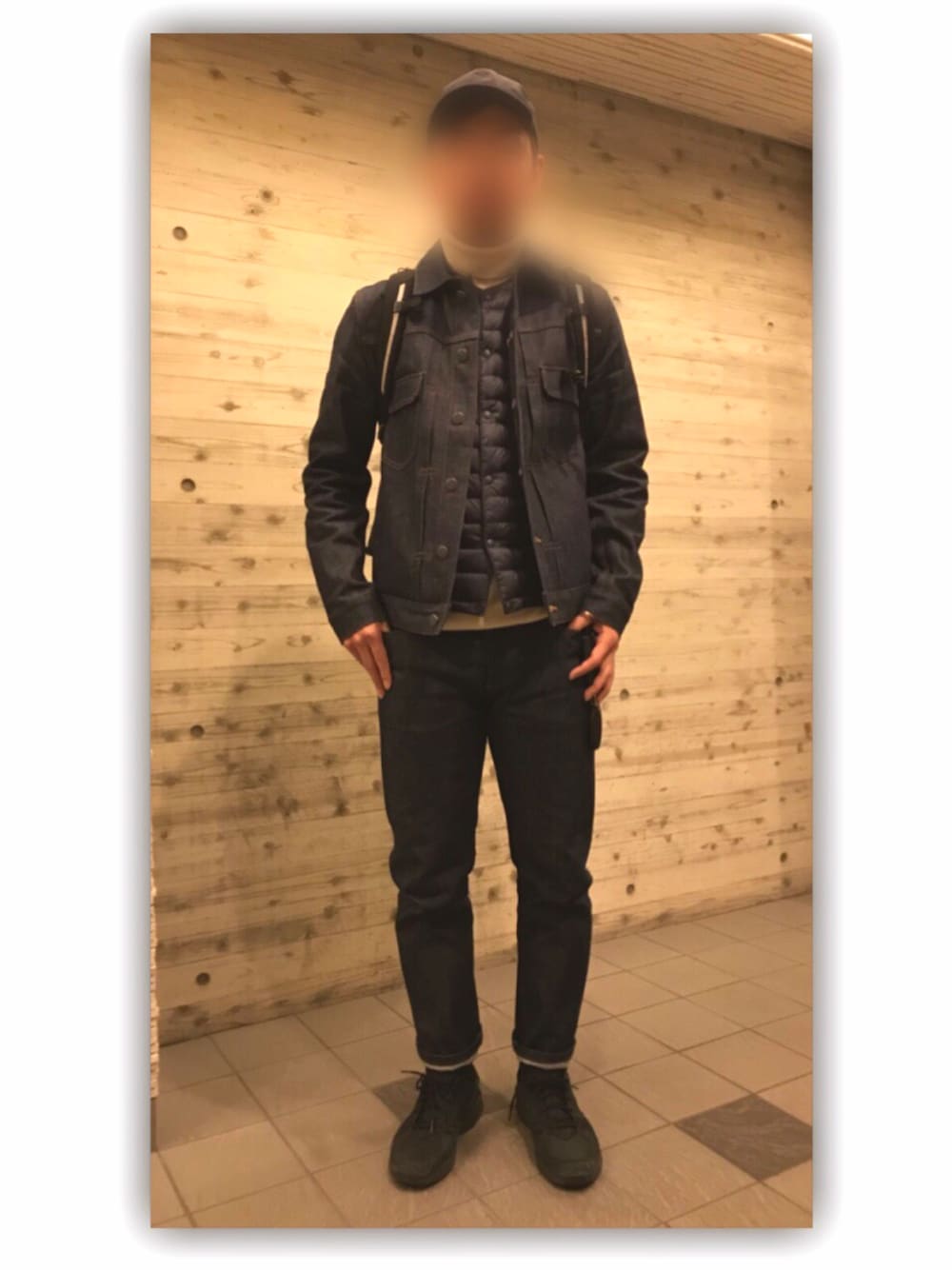 「A.P.C.、green label relaxing、NIKE、ARC'TERYX、UNIQLO、THE NORTH FACE」｜「A.P.C.のVESTE JEAN WORK（デニムジャケット、ブルー系）」を使った、so-ta.kunさん（メンズ・175cm）の冬コーディネートの1枚目の写真