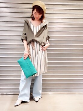 「フリンジデニム」｜「アイテム（その他アウター）」を使った、hanaeさん（レディース・153cm）の春コーディネート