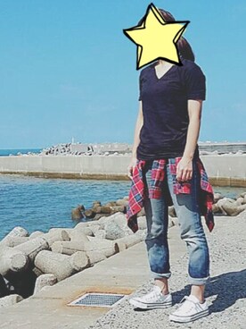 「無印良品（ムジルシリョウヒン）のアイテム（Tシャツ/カットソー、ブラック系）」を使った、ひーさん（レディース）の秋コーディネート