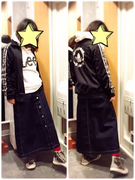 「adidas（アディダス）のアイテム（ジャージ、ブラック系）」を使った、ひーさん（レディース）の冬コーディネート